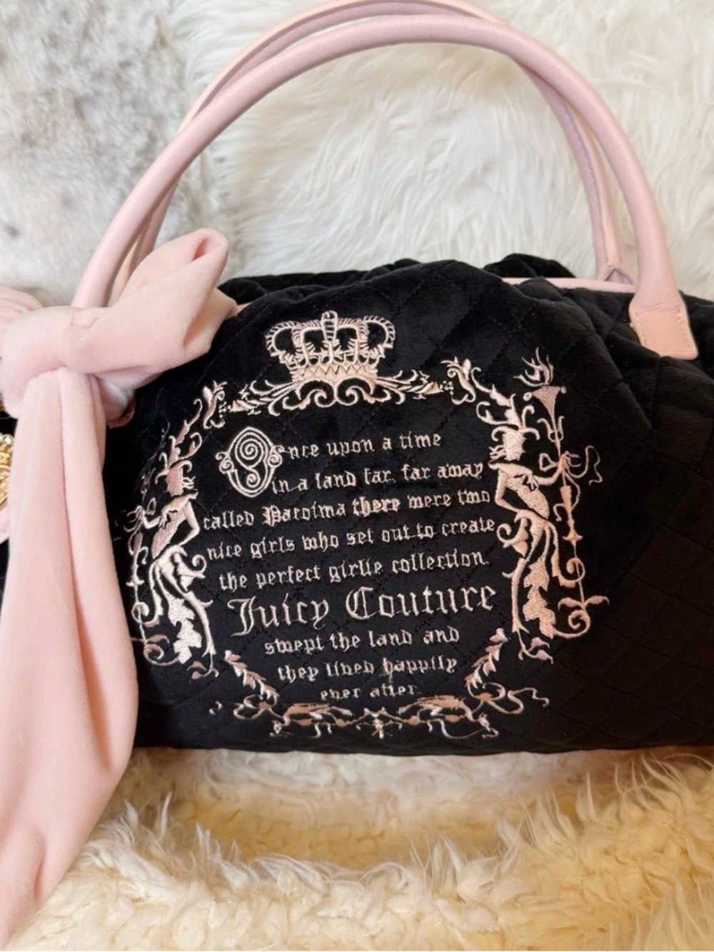 Juicy Couture Black RARE  Fairytale Quilted Satchel Top Handle Pink Trim